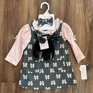 NWT Little Lass Pink and Gray Bow Baby Dress, Shoes and Hair Accessory Set, 12M
